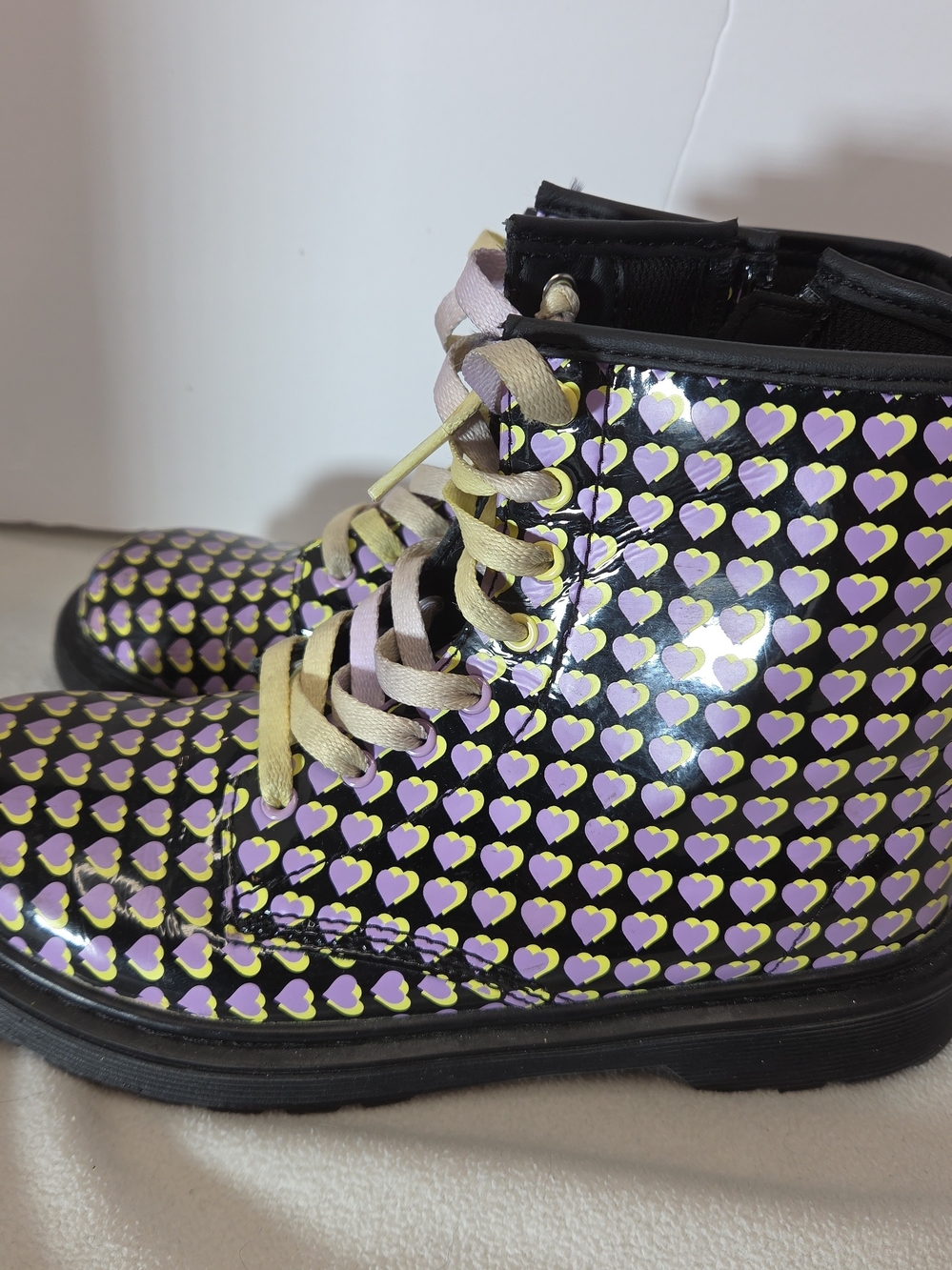 Dr. Martens Women's Black Combat Boots with Purple and Yellow Heart Pattern W 5 - Picture 5 of 8